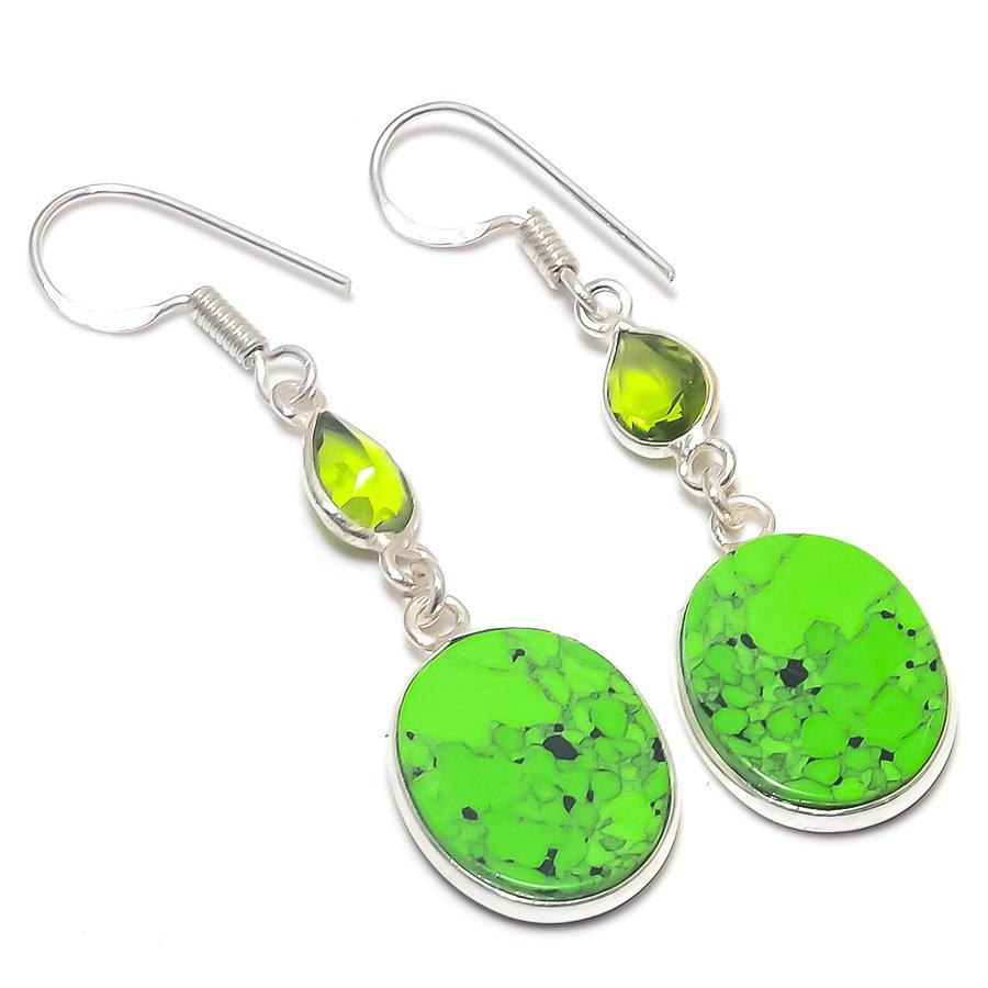 Natural Green Turquoise, Peridot Gemstone 925 Sterling Silver Earring 1.97" N8v83