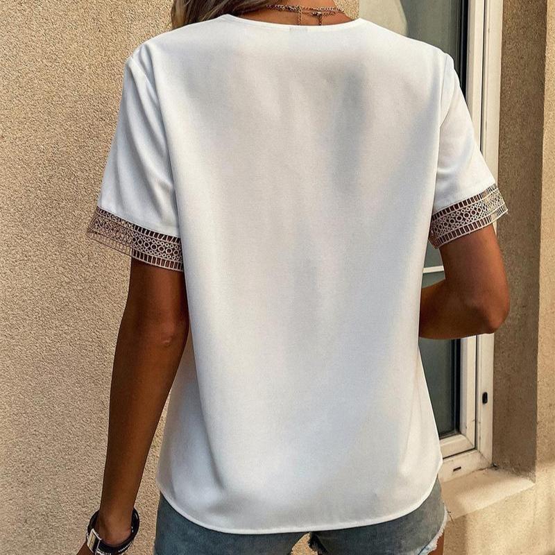 Женские модные повседневные летние весенние однотонные кружевные блузки и рубашки с v-образным вырезом и короткими рукавами с принтом