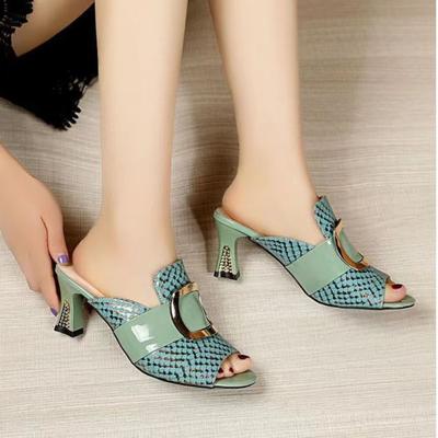 Мода Летняя Мода Женские Сандалии Элегантные Толстые Высокие Каблуки Шлепанцы Удобные Рыбий Рот Повседневные Металлическая Пряжка Слайды Обувь 35-41