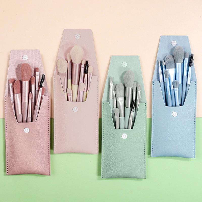 8-Piece Morandi Makeup Brush Set with Leather Case – Soft, Portable Beauty Tools