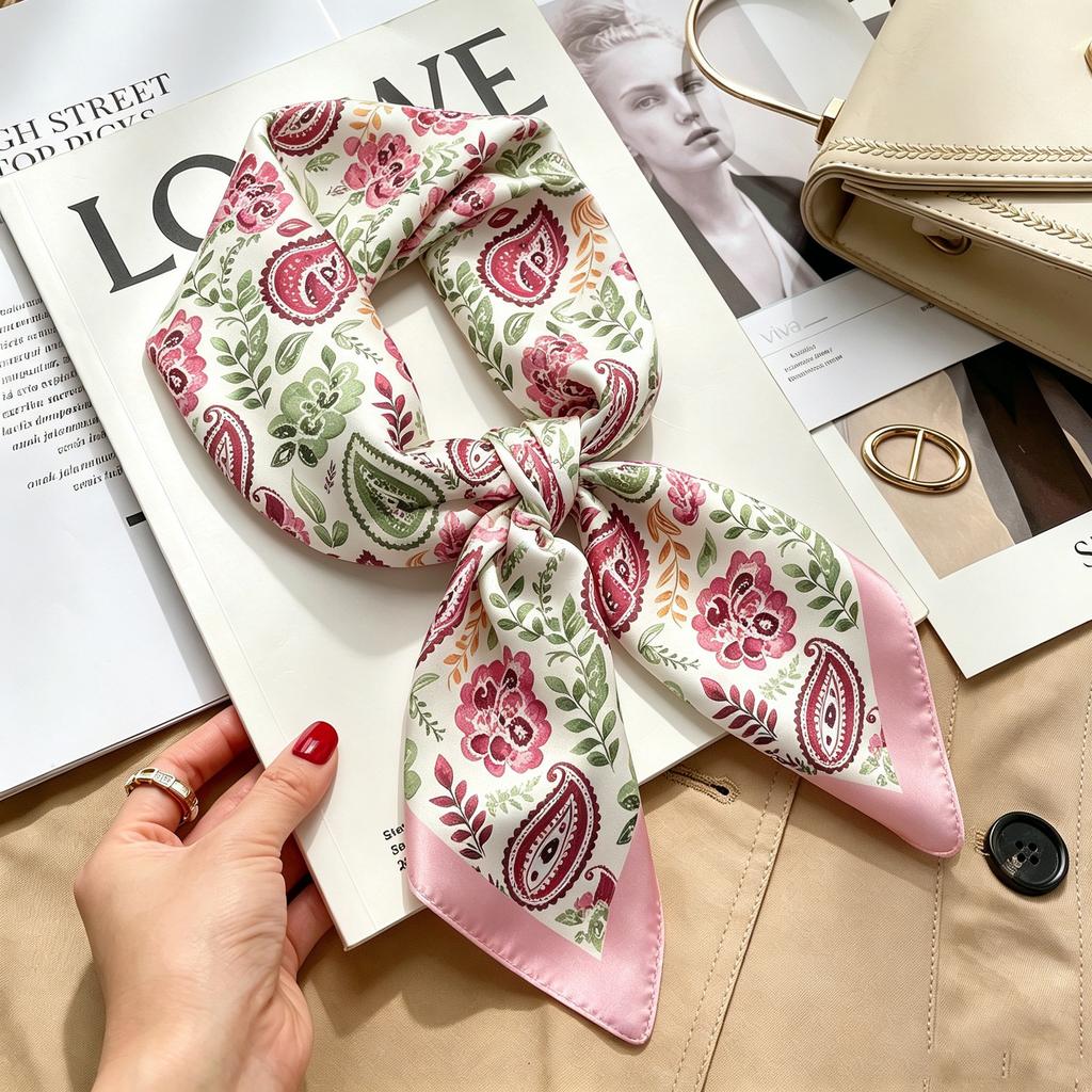 Autumn and winter Maillard cashew square scarf silk scarf women's shirt versatile neck small scarf tied hair decorative scarf