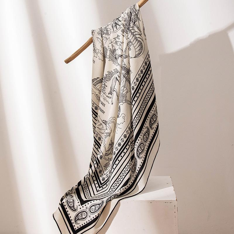 Silk Wool Black and White Cartoon Wool Scarf Silk Scarf Mulberry Silk Large Square Scarf Autumn and Winter Warm and Elegant Ladies Square Scarf