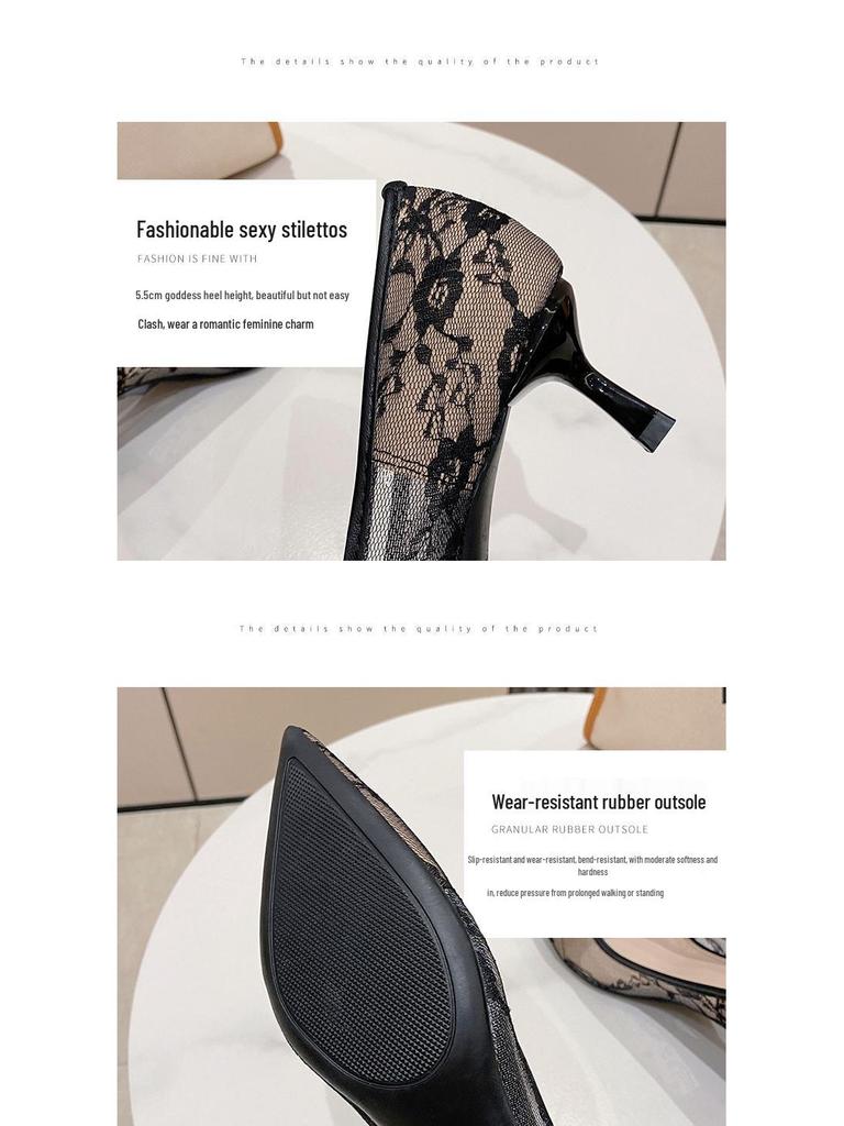 Sexy Temperament Pointed Toe Stiletto Heel French Lace Women's Mesh High Heels
