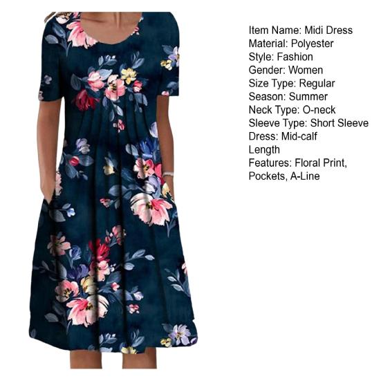 O-Neck Short Sleeve Pleated Midi Dress Pockets Loose Hem Mid-calf Length Women Floral Print A-Line Holiday Dress Daily Clothing