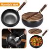 Nonstick Wok with Wooden Handle Iron Wok Uncoated Iron Pan for Indoor and Outdoor Cooking