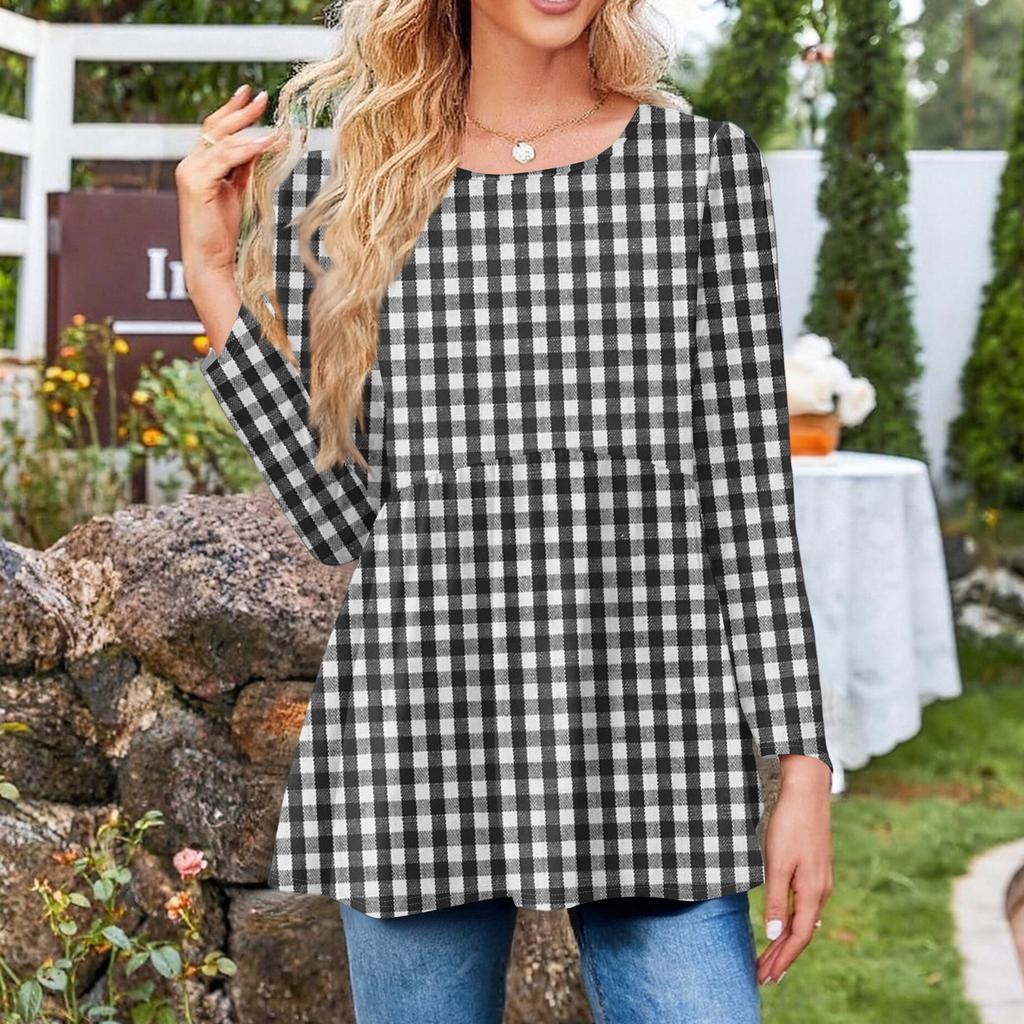 Women's Casual Fashion Long Sleeve Shirt Plaid Printed Tunic Top