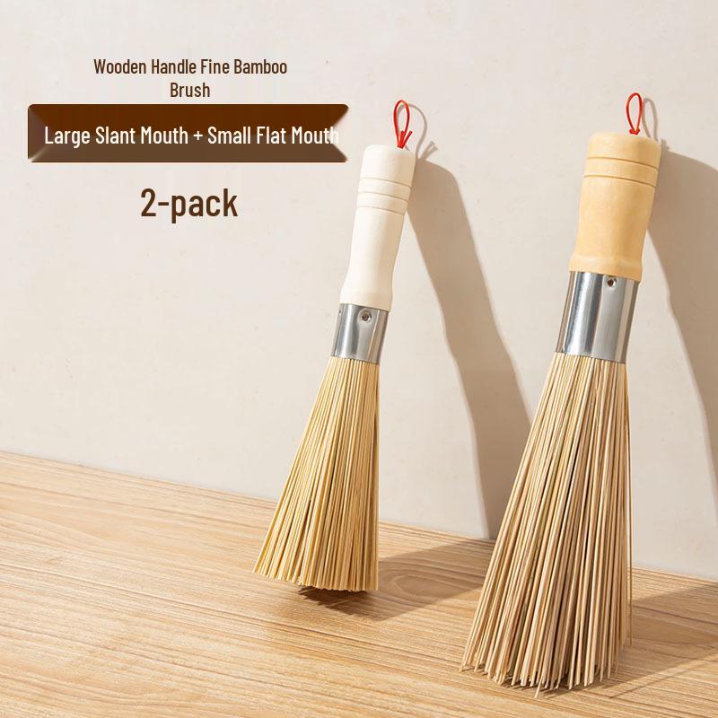 Natural Bamboo Kitchen Brush Set: Old-Fashioned Pot Brush, Dishwashing Brush, Bamboo Broom, and Loofah Silk Brush.