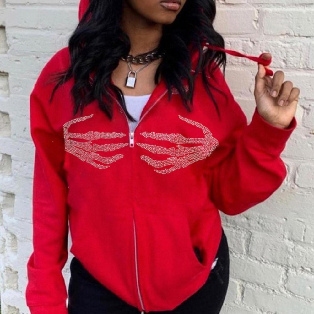 Retro Rhinestone Print Y2K Loose Hoodie Street Style Zip Front Pocket Jacket Fall E-girl Casual Long Sleeve Hooded Jacket Tops