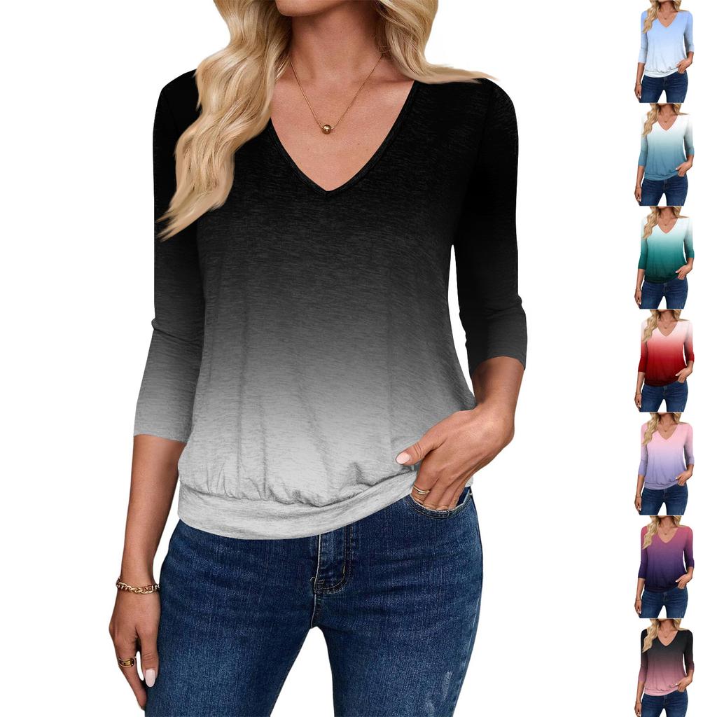 Women's Fashion Casual V-Neck Three-Quarter Sleeve Print Top