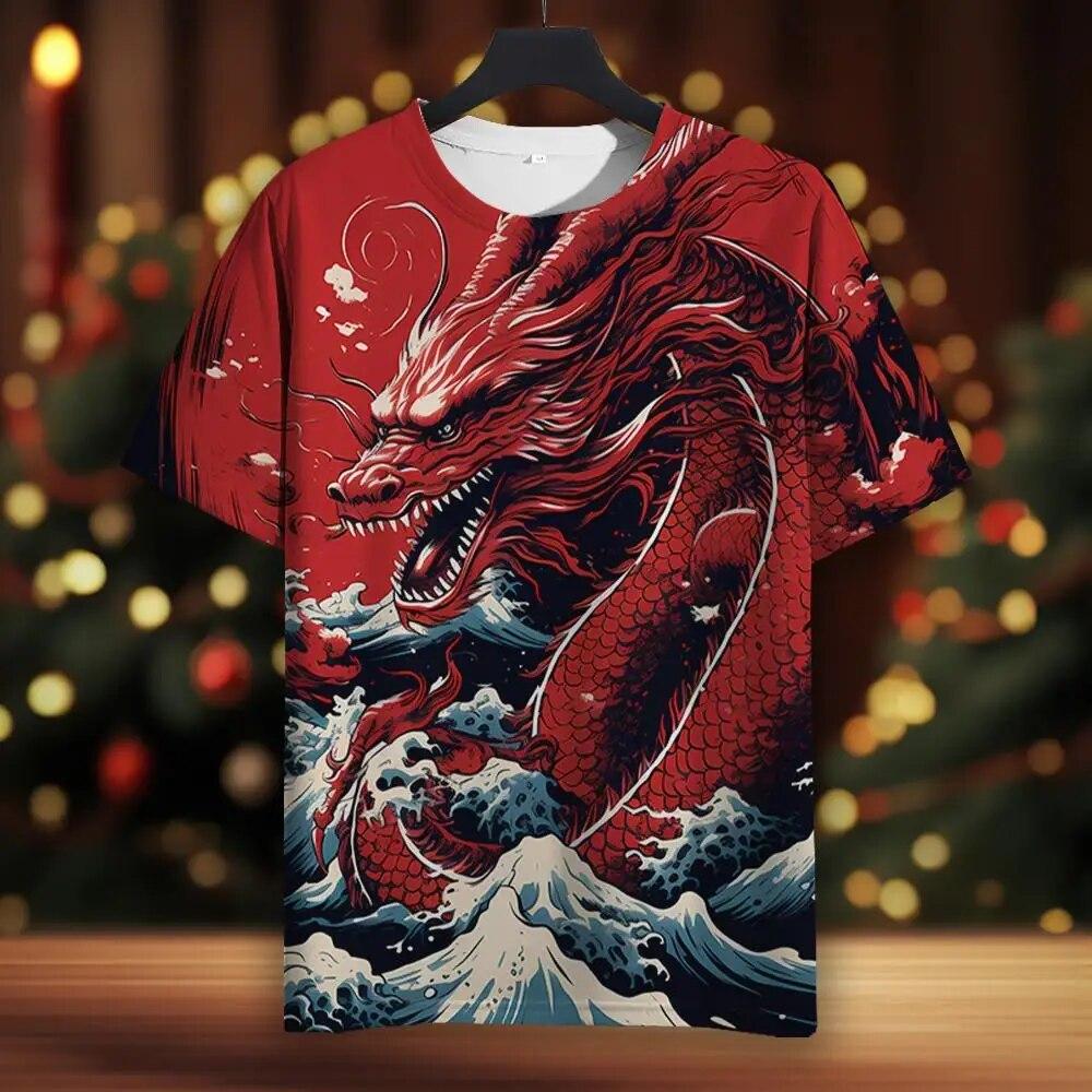 2024 Новый год Дракон Мужская футболка с 3d принтами Летняя уличная мода Топ с коротким рукавом Мужская футболка с круглым вырезом большого размера Мужская одежда
