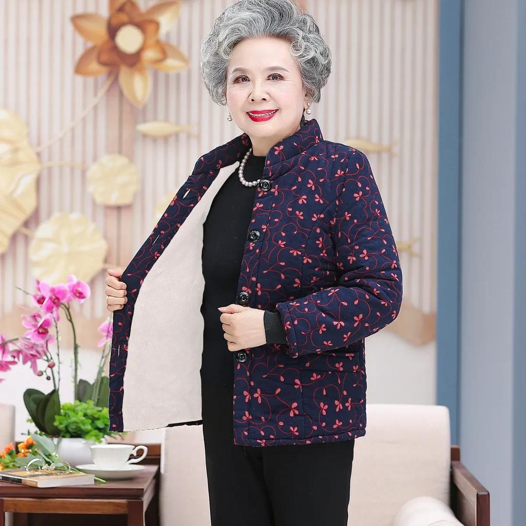 Older Women Winter Jacket Autumn Velvet Mom Outerwear Warm Cotton Padded Jacket Plus Size Winter Loose Cotton Coat