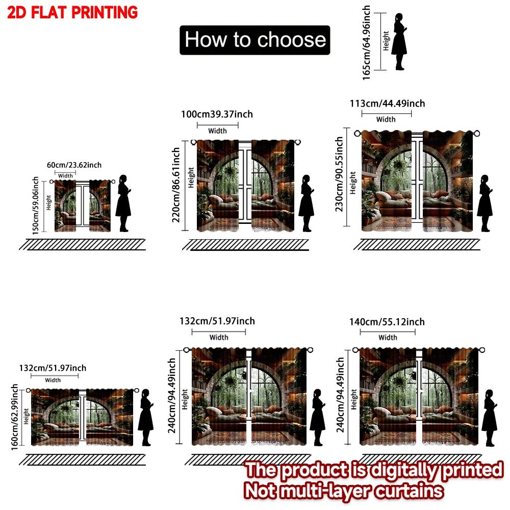 Set Of 2 Arch Window Forest View Curtains Flat Digital Printing Cozy Indoor Scene Sofa Pillows Plants Single Layer Decor Curtain Polyester