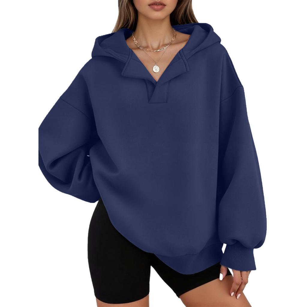 Women's Casual V-neck Pullover Long-sleeve Solid Color Fleece-lined Hooded Sweatshirt Top