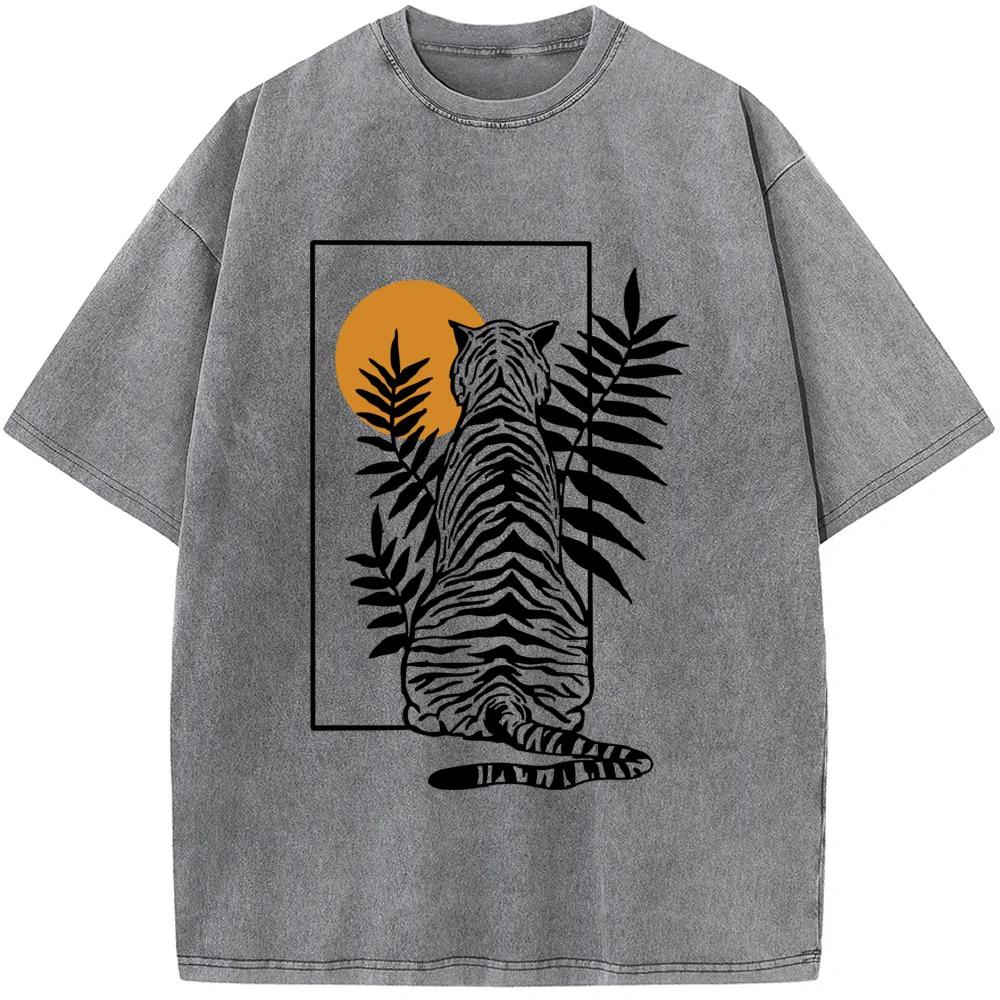 Мужская футболка с геометрическим тигром, с коротким рукавом, высококачественная, выстиранная, состаренная, винтажных цветов