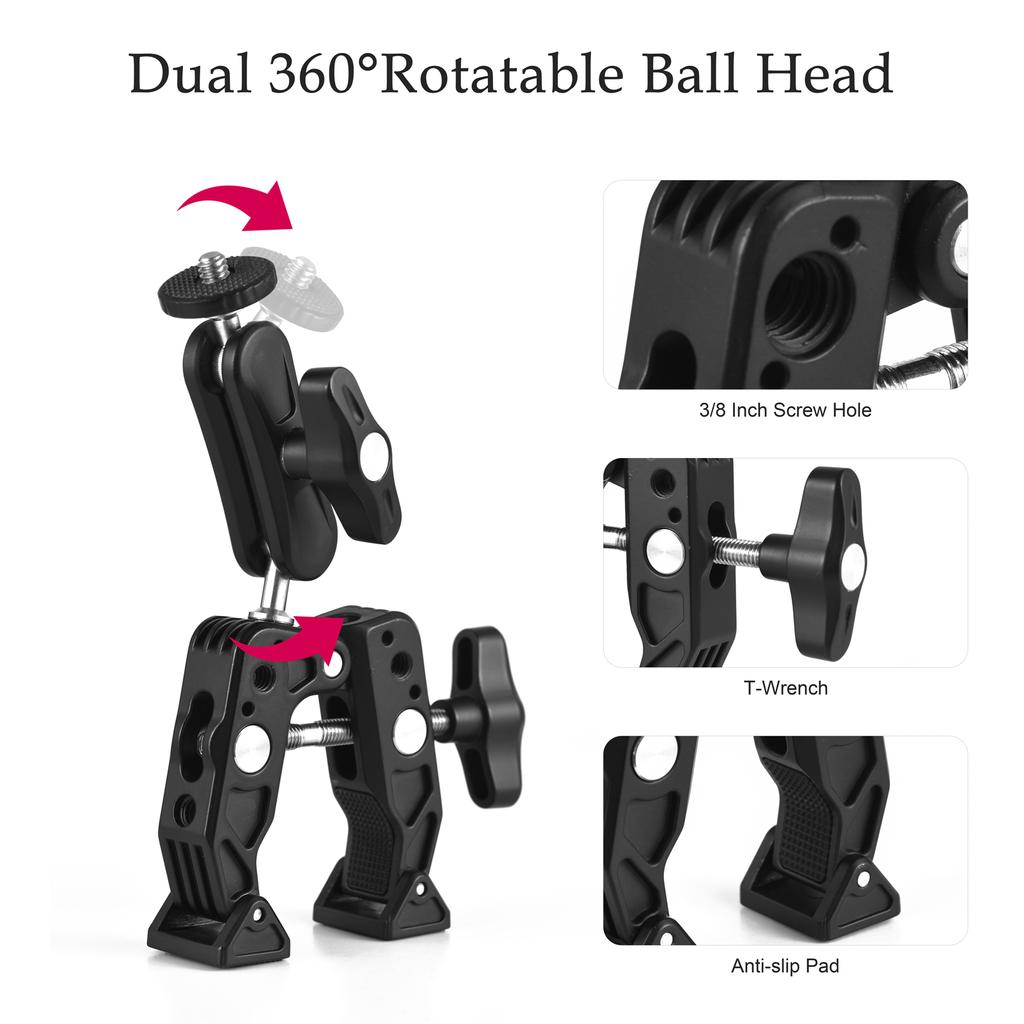 Многофункциональный зажим Super Clamp из алюминиевого сплава с двойной вращающейся на 360 градусов шаровой головкой, винт 1/4 дюйма