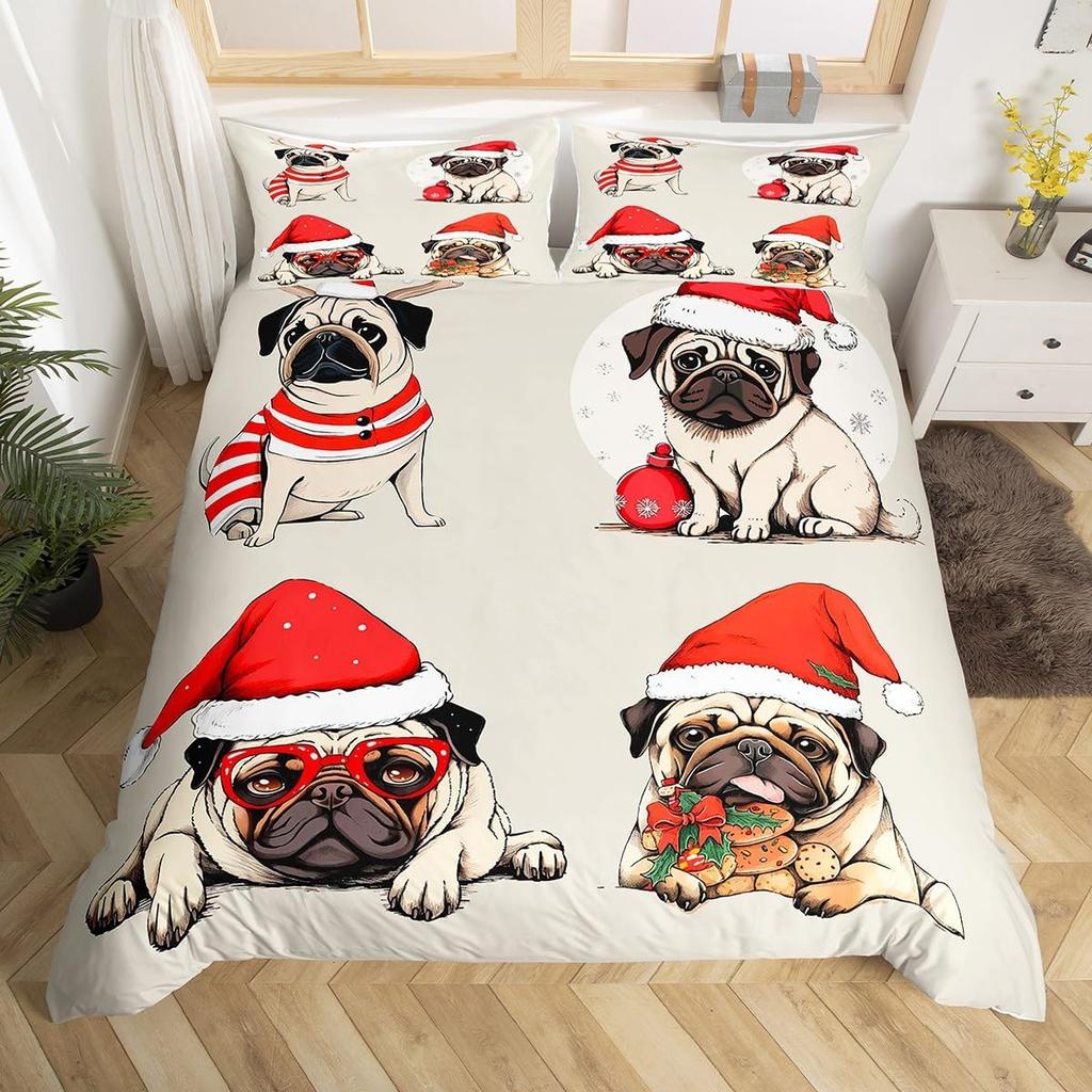 Puppy Dog Duvet Cover Full Queen Size Kawaii Pug Comforter Cover Love Heart Print Bedspread Cover Cute Pet Black Bedding Set
