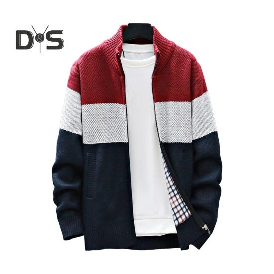 Men Autumn Winter Sweater Coat Stand Collar Thick Plush Color Matching Knitted Elastic Zip-up Long Sleeves Pockets Mid Length Daily Wear Jacket