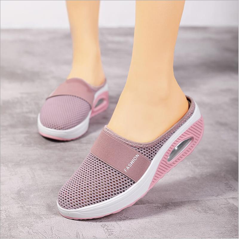 Slip-on Women's Slippers Thick Bottom Air Cushion Hollow Mesh Breathable Slippers Woman