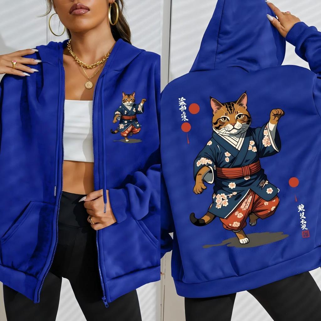 Japanese Cartoon Standing Cat Prints Zipper Hoodie Woman Fashion Fleece Hoody Autumn Soft Sportswear Street Casual Streetwear
