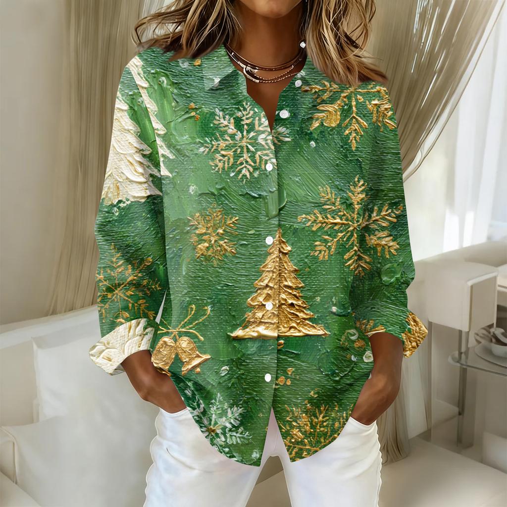 Women's Christmas Printed Button Up Long Sleeved Casual Regular Shirt With Collar Top