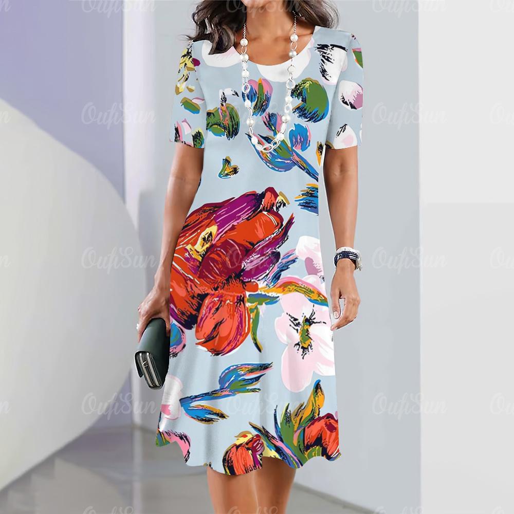 Модные новые женские платья с цветочным принтом 3D, летнее элегантное платье с коротким рукавом, женская одежда больших размеров