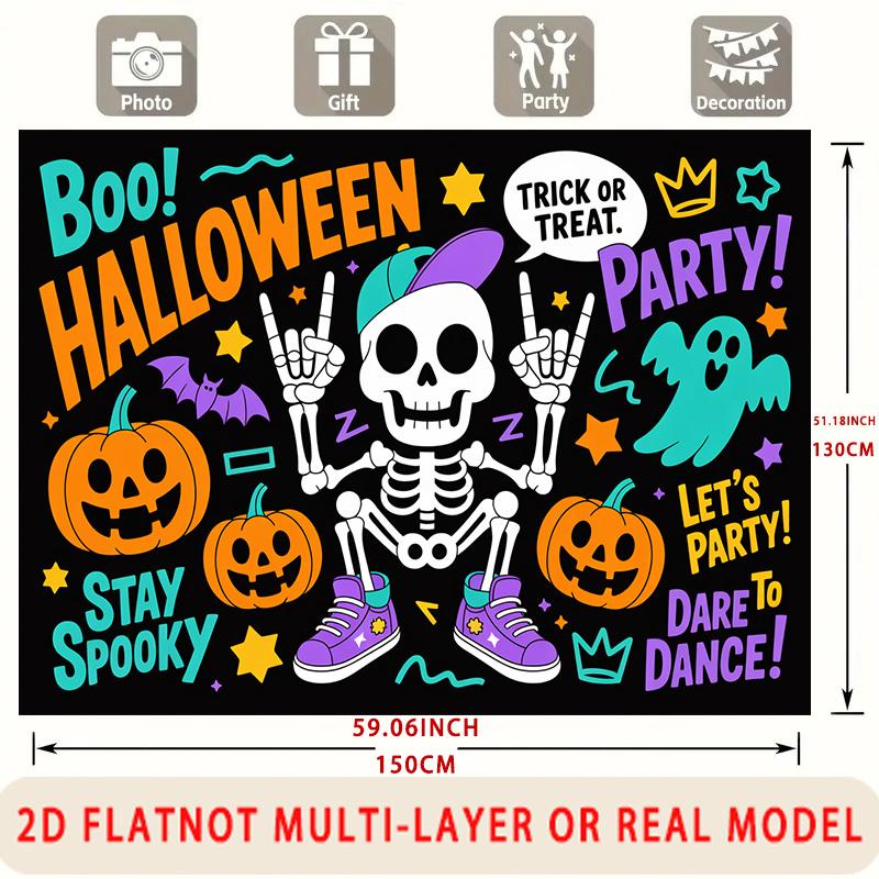 Party Backdrop Halloween Flat Spooky Skeleton Spanish Text Weddings Showers Birthdays Photo Background Decor Front Door Decor