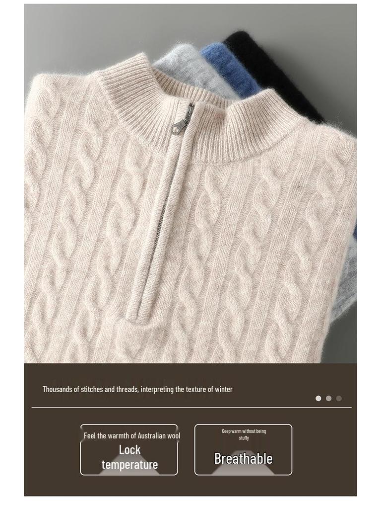 Men's Autumn/Winter Pure Wool Half-High Collar Zipper Sweater