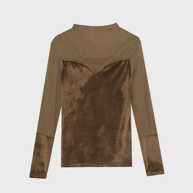 Осенняя приталенная футболка с бисерной лоскутной отделкой, полувысоким воротником и длинными рукавами для женщин