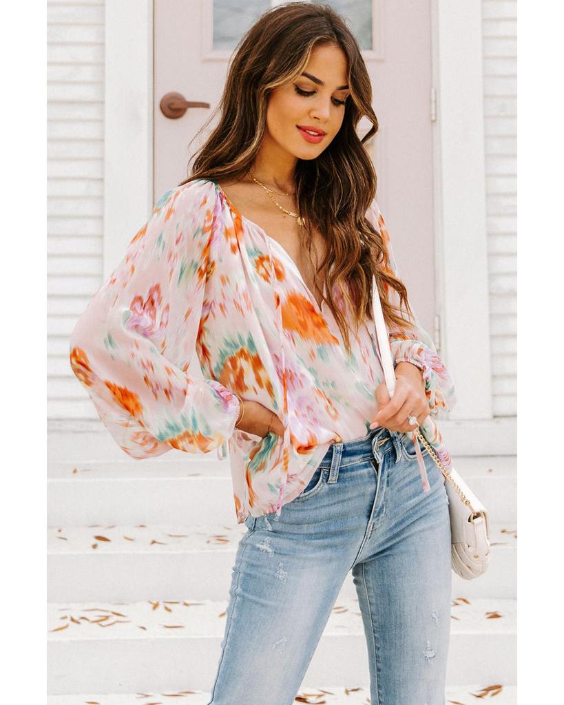Azura Exchange Abstract Print Split Neck Puff Sleeve Blouse
