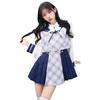 [Malymoon] Косплей Униформа Школьница Матроска Классический Клетчатый Узор Гольфы до Колена Комплект Кафе Лента Костюм Malymoon 5 предметов Sets9936 (военно-морской флот)