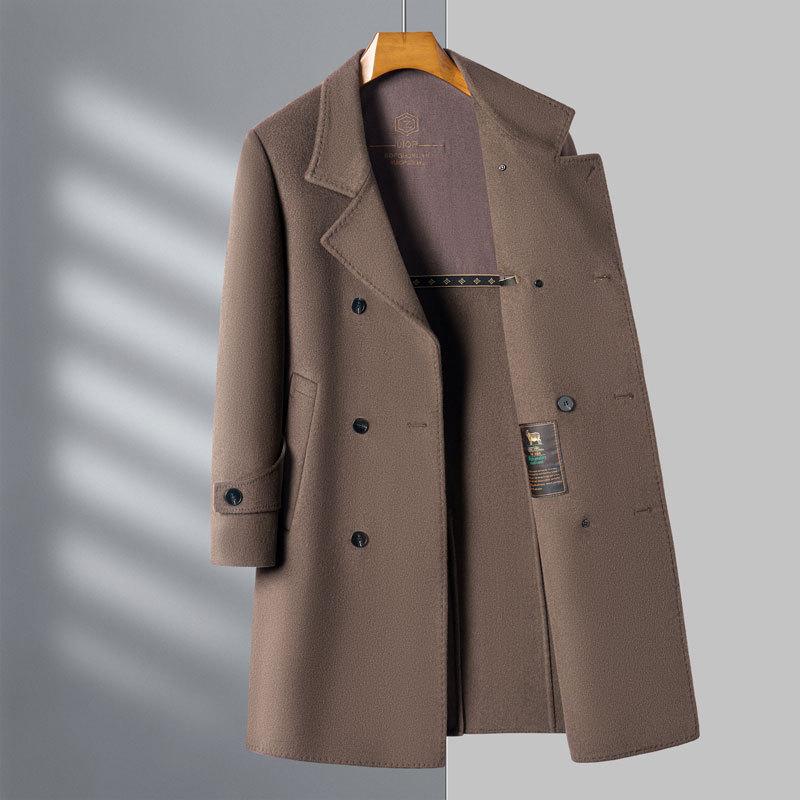 High-end Men's Woolen Coat Double-breasted Fashionable Woolen Windbreaker Long Middle-aged Casual Suit Jacket for Men