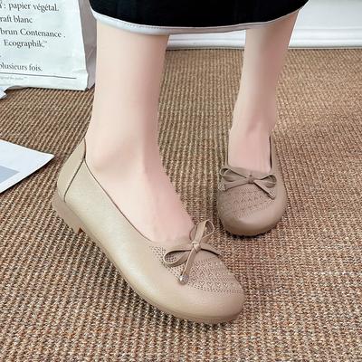 2024 Новая женская обувь Весна и Осень Модные туфли на плоской подошве с круглым носком и неглубоким вырезом на низком каблуке с бантом