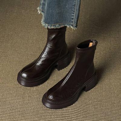 Осень и зима кожаные универсальные рыцарские ботинки средний каблук большой размер кожаные ботинки круглый носок водонепроницаемые стол и новые женские ботинки средней высоты