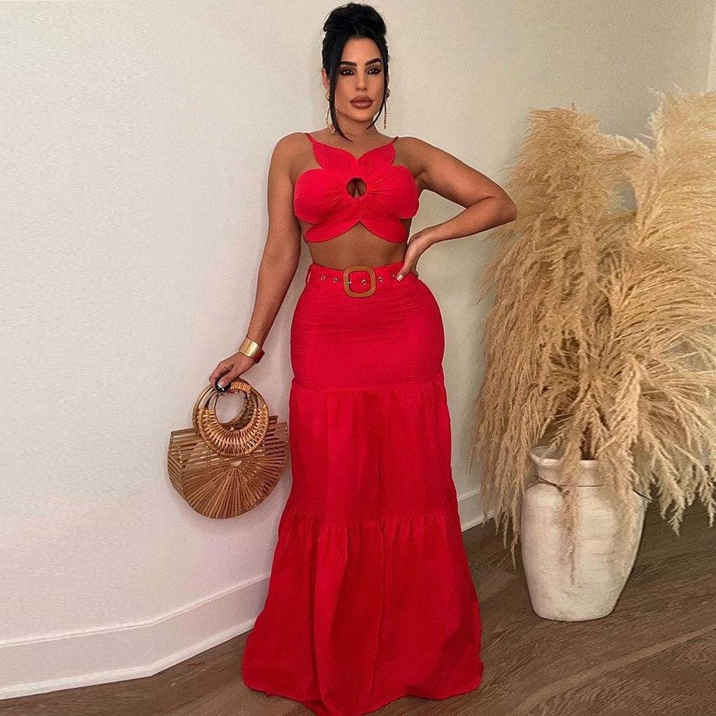 Европейский и американский сексуальный однотонный комплект с юбкой-бандажом на бретелях неправильной формы