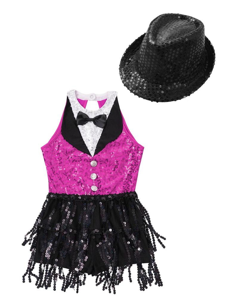 Детский танцевальный костюм для латинского танго, джаза, румбы, костюм из двух предметов для уличных танцев, черлидинга, комбинезон с блестками и шляпой, детский танцевальный конкурс