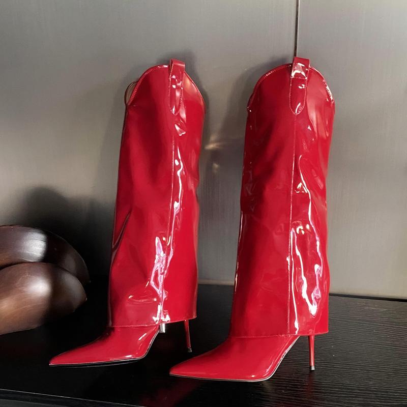 Модные зимние женские ботфорты Eilyken из лакированной кожи с острым носком, сексуальные на тонком высоком каблуке, для выпускного вечера
