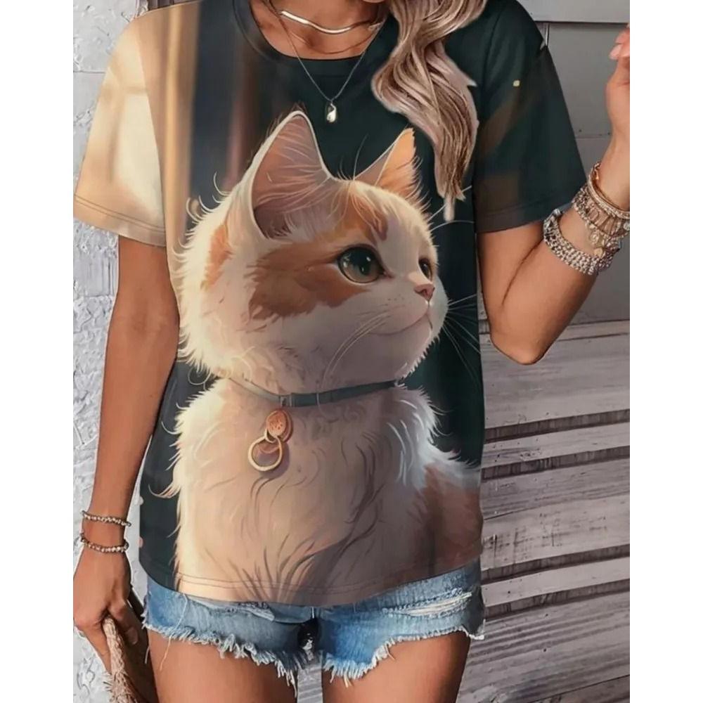3D Printed Pattern T-shirt, Summer and Spring Short Sleeved Round Neck Casual Top, Women's Clothing