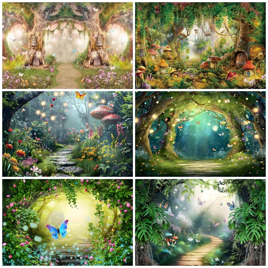 Dream Natural Forest Background Screens, Butterflies, Fairies, Mushrooms, for Children's Parties, Portrait Photography