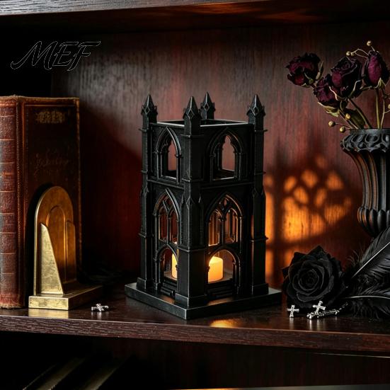 Colorful Balcony Figurine Gothic Cathedral LED Candle Lantern, Church Shaped Flameless Tealight Lamp, Artistic Home Decor Spooky Vintage Desktop Night