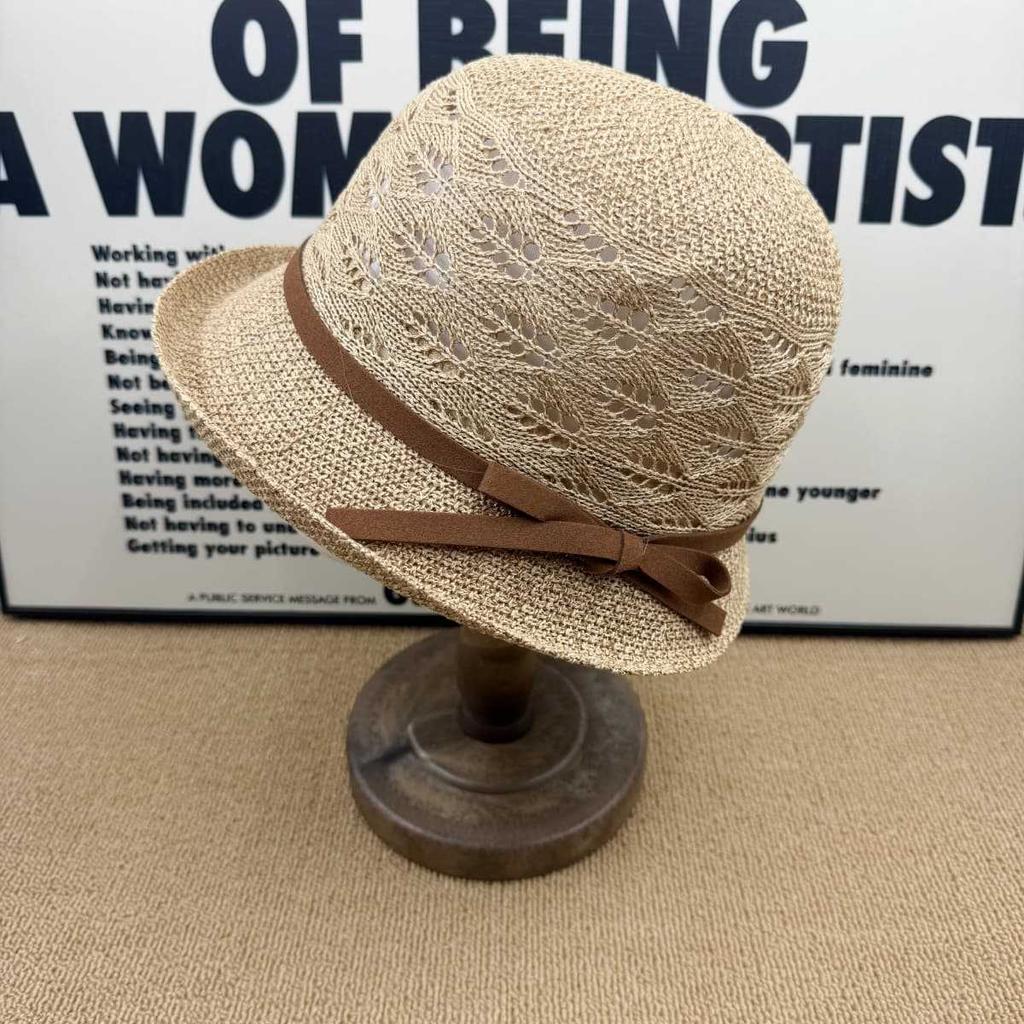 Breathable hollow knitted basin hat women's new summer sunshade sunscreen bucket hat versatile face small bow hat