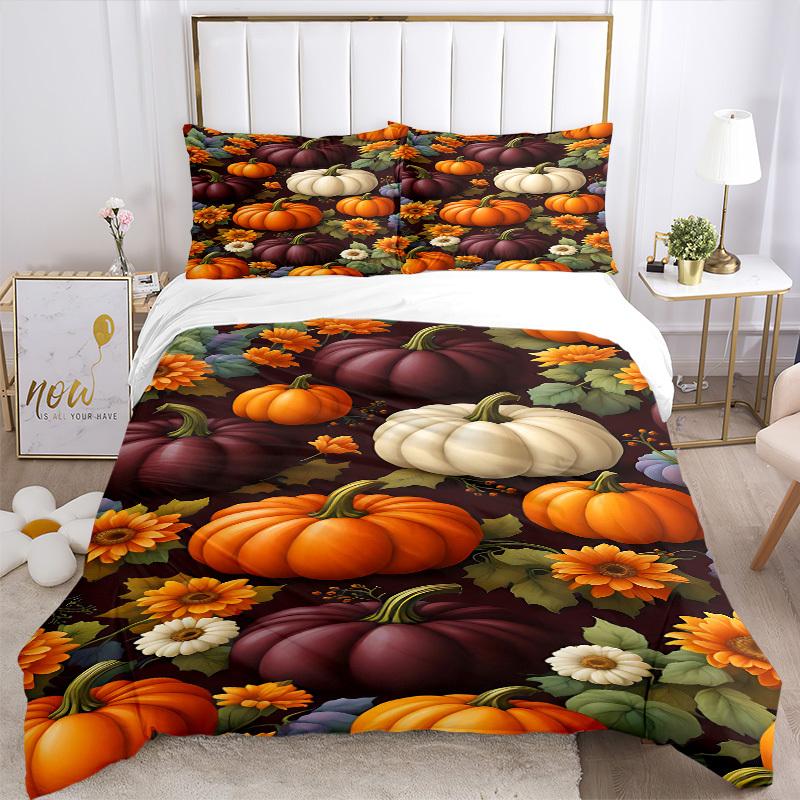 3pcs Pumpkin Harvest Bedding Set, Includes 1 Comforter + 2 Pillowcases, Without Pillow Inserts, Soft Comfortable, Lightweight Breathable063