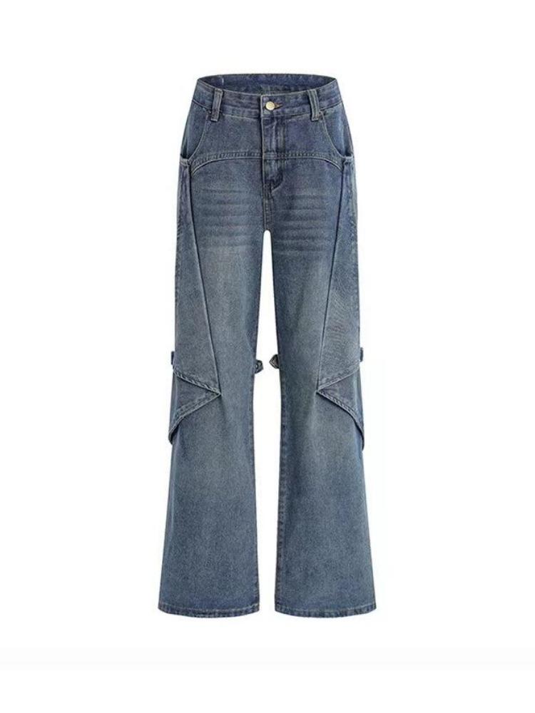 American Retro Button Tooling Jeans Women Spring High Waist Loose Drape Wide-leg Pants