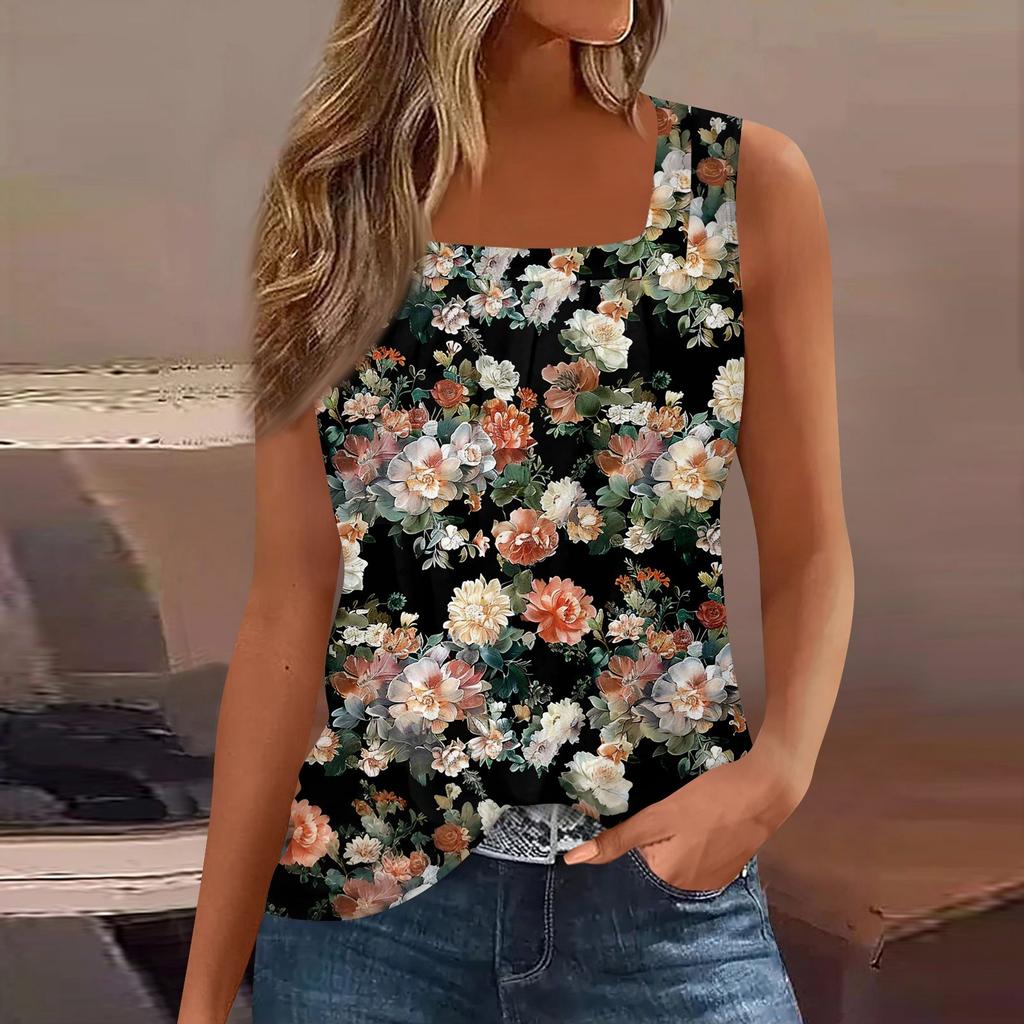 Square Collar Tank Top Women Print Tank Tee Casual Loose Fit Sleeveless Shirt