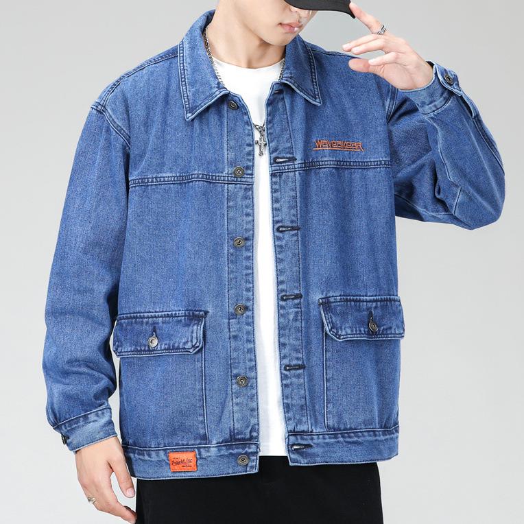 Men's Functional Embroidered Denim Jacket - Autumn/Winter Loose Fit, Japanese Trend, Plus Size Outerwear