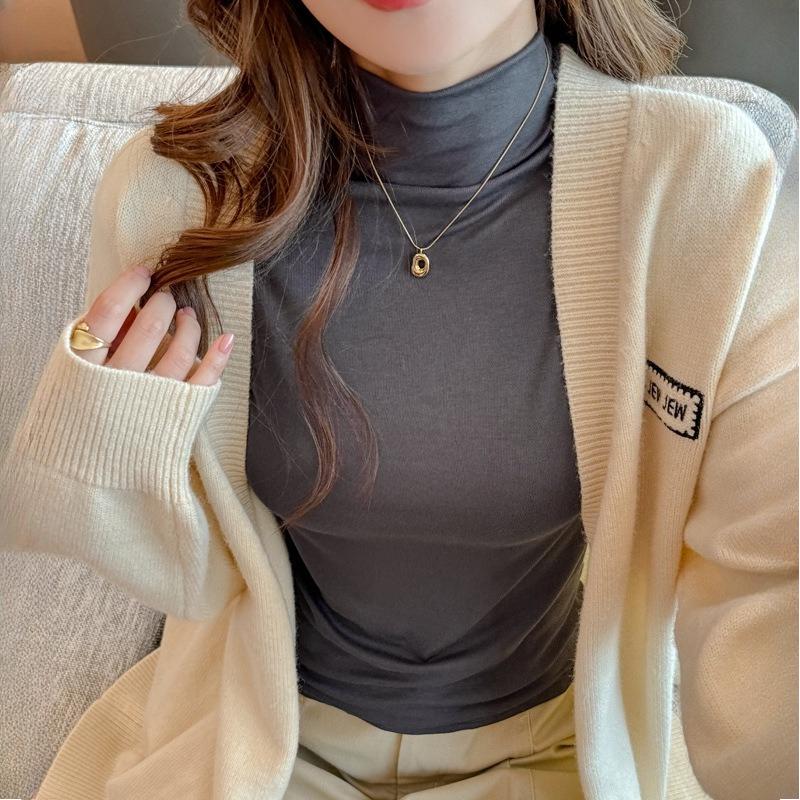 Женский облегающий топ с полувысоким воротником средней высоты и длинными рукавами, базовый слой, обтягивающая однотонная футболка для весны, осени и зимы