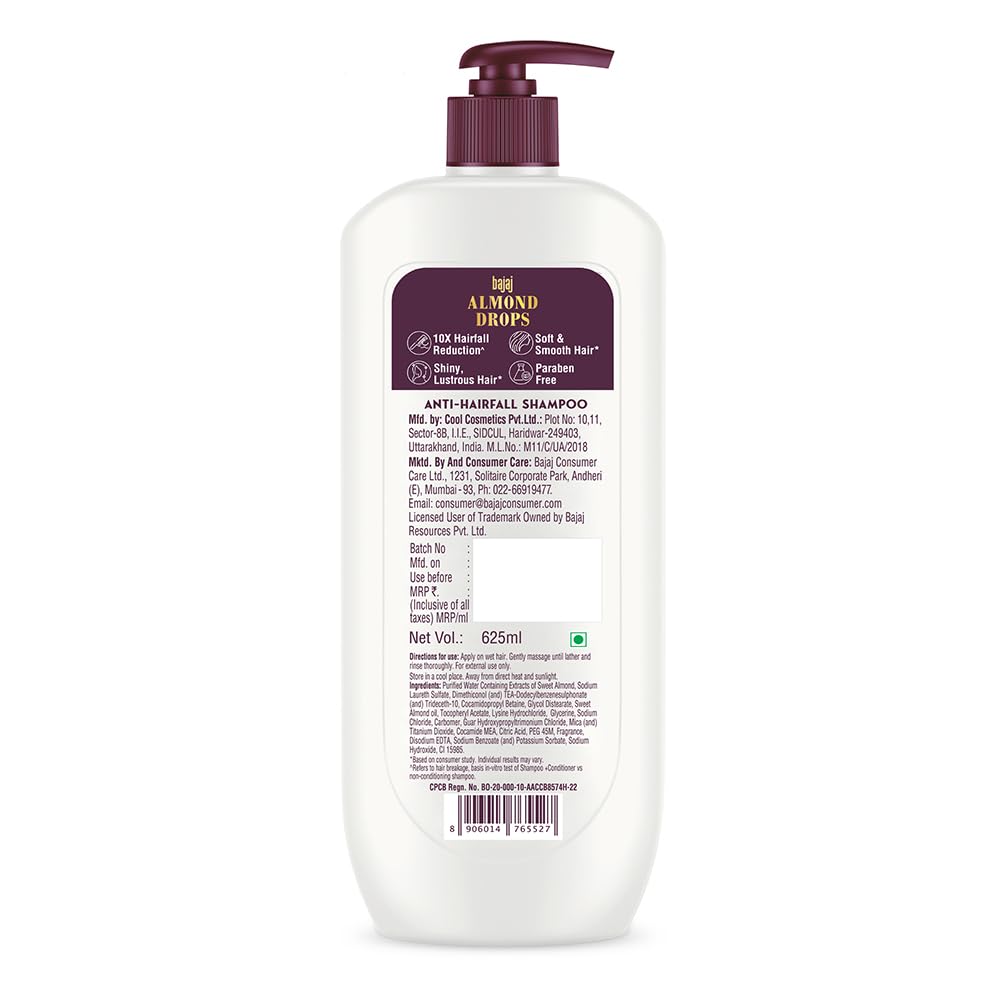 BAJAJ Almond Drops Anti Hairfall Shampoo 625ML For Soft Shiny Hair 10X Hairfall Reduction Paraben Free