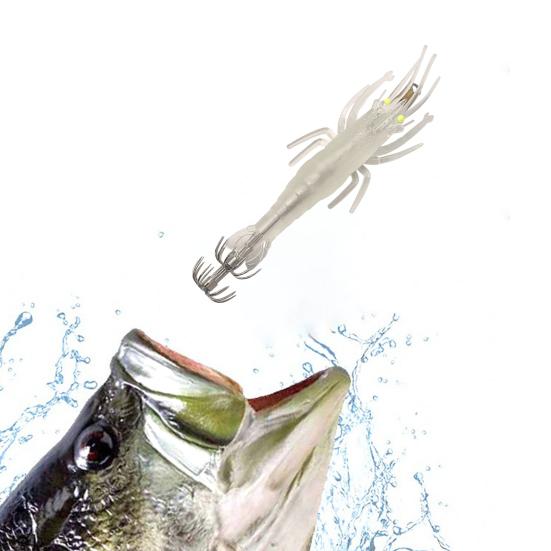 Мягкая рыболовная приманка в форме креветки, реалистичный вид, естественная плавательная поза, светящийся эффект, искусственная приманка с острым крючком