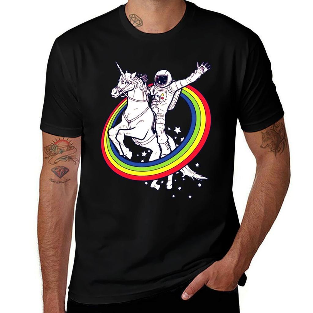 Astronaut Riding Unicorn Throw The Rainbow TShirt Casual Holiday Short Sleeve Tee