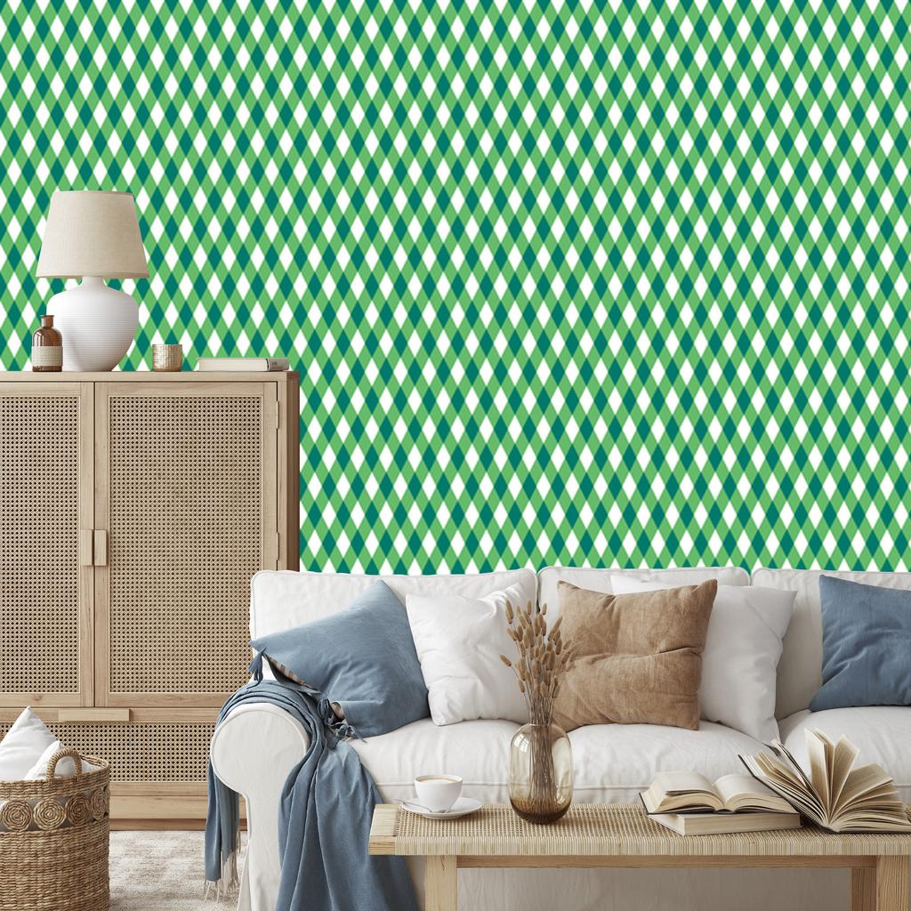 Green and white vichy check wallpaper for living room and bedroom 50x1000