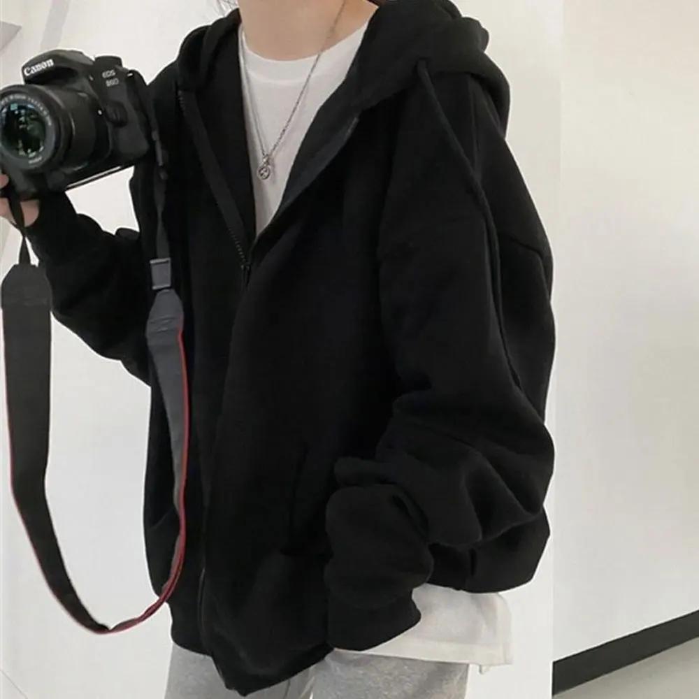 Мужские однотонные толстовки с капюшоном, пальто Harajuku, базовая модель с длинным рукавом, весна-осень, свободная повседневная куртка на молнии с карманом